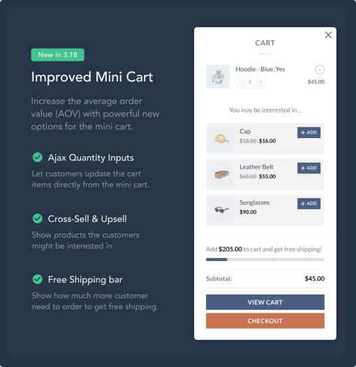 Shopping cart with product options and pricing.