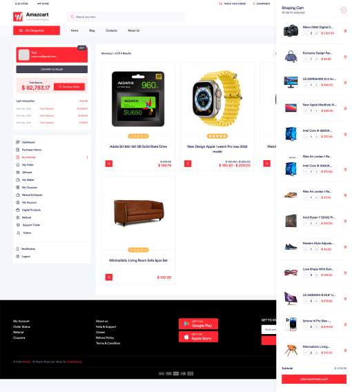 E-commerce shopping cart overview with product listings.