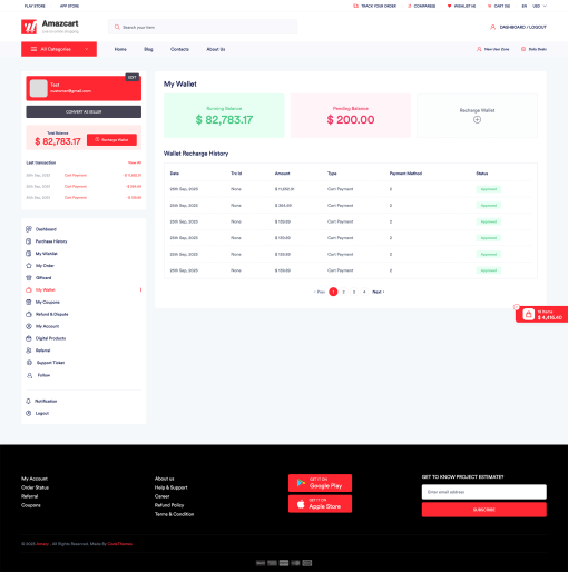 User wallet summary and transaction history interface