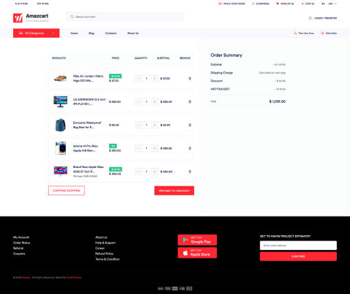 Shopping cart summary with product details and pricing