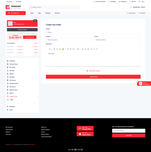 Amazcart support ticket creation interface