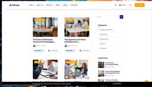 Apex website showcasing business articles and categories.