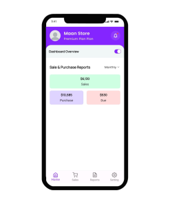 Mobile app interface with sales and purchase reports