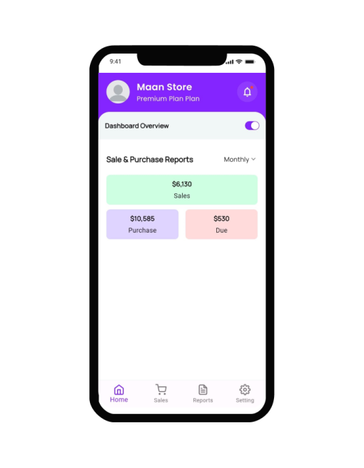 Mobile app interface with sales and purchase reports